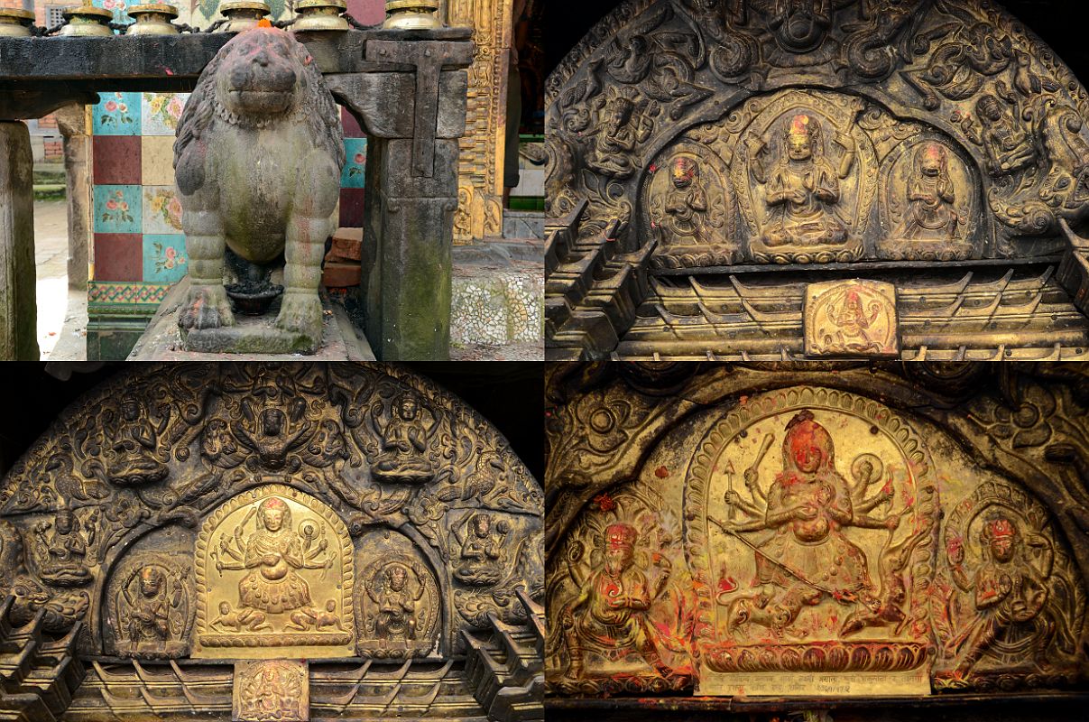 Kathmandu Changu Narayan 05 Chinnamasta Temple With Lion Statue In Front And Shiva, Chamunda, And Bhagwati Durga Above Entrance Door A lion stands guard In front of the Chinnamasta Temple at Changu Narayan. Above the temple entrance are Shiva, Chamunda, and Bhagwati Durga. Shiva holds a damaru drum and a trident. Chamunda holds a sword, a damaru drum, a discus, club, and a noose. One leg of Bhagwati Durga stands on her lion, while her hands hold a sword, a discus, a bow and arrow, and the tail of a buffalo with a trident aimed at the neck of the buffalo.